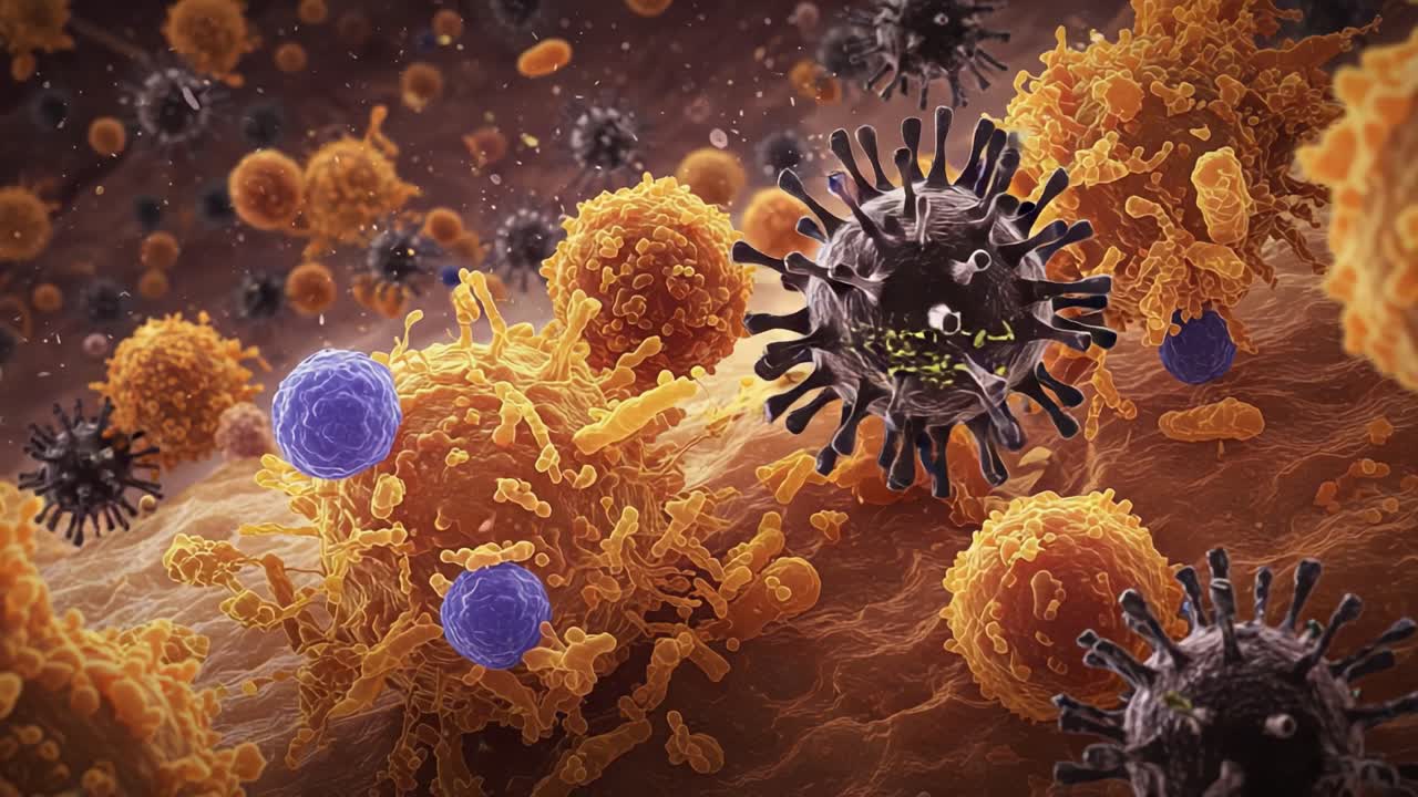 Microscopic Visualization of Immune Response: Interaction Between Virus Particles and Immune Cells in a Complex Biological Environment