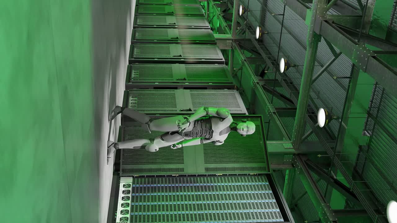 cyborg humanoide en el servidor internet alta tecnología sala de luz verde dando a luz concepto inteligencia artificial tomando el control en 3d renderización animación guerra de ciberseguridad