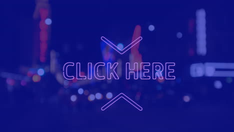 animación de clic aquí texto sobre el paisaje urbano por la noche sobre fondo azul