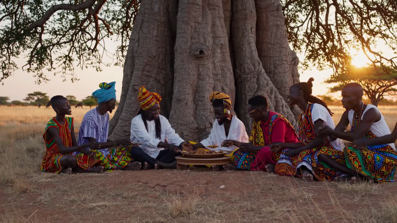 Una escena de video serena captura a un grupo bajo un gran árbol al atardecer, filmada desde un ángulo bajo.