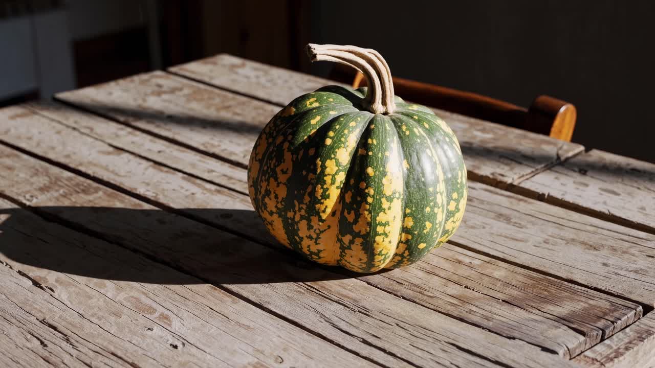 A rustic video scene of a pumpkin on a weathered wooden table, captured from a high angle