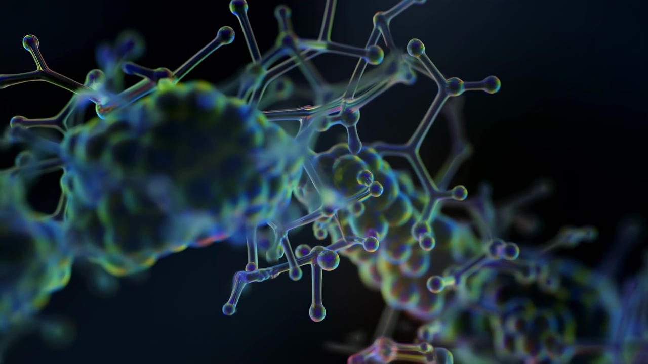 Una vista ravvicinata segue forme molecolari interconnesse che si muovono delicatamente l'una accanto all'altra, con bordi traslucidi, una sfocatura morbida e una luce blu-verde cangiante che crea una profondità stratificata su sfondo nero