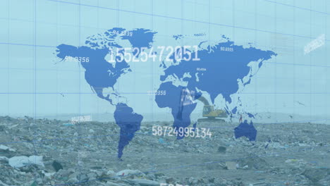 animation of financial data processing with a world map over a garbage dump