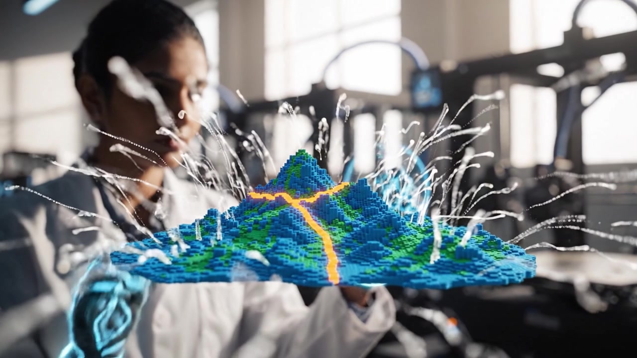 A researcher examines a vibrant 3D model of a landscape created through advanced technology, showcasing innovation and creativity in scientific exploration and design.
