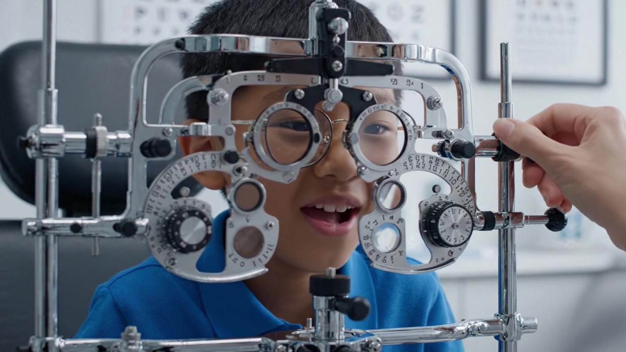 A Young Boy Engages in an Eye Examination, Wearing Glasses and Smiling, While Using a Phoropter to Test Vision, Demonstrating the Importance of Regular Eye Check-ups