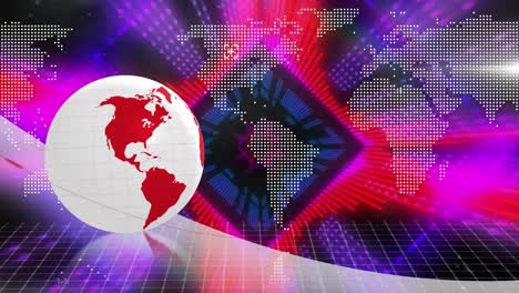 Animation-of-neon-tunnel-in-seamless-pattern-against-spinning-globe-and-world-map