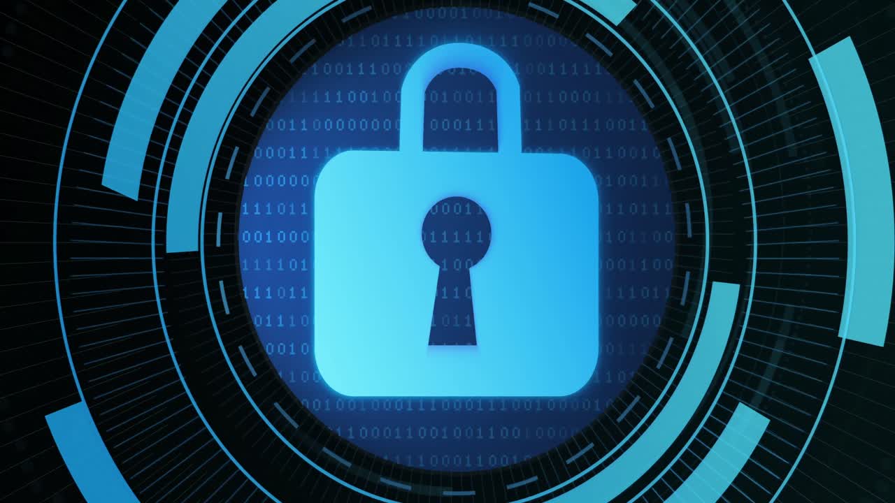 animación de un candado digital en el círculo de procesamiento sobre fondo negro