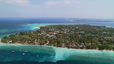 Panorama-of-Gili-Islands-with-Turquoise-Blue-Ocean-from-High-Altitude-in-Lombok,-Indonesia---Aerial-Ascending-View