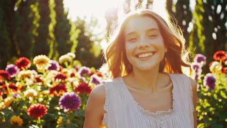 happy teen girl in a flower garden