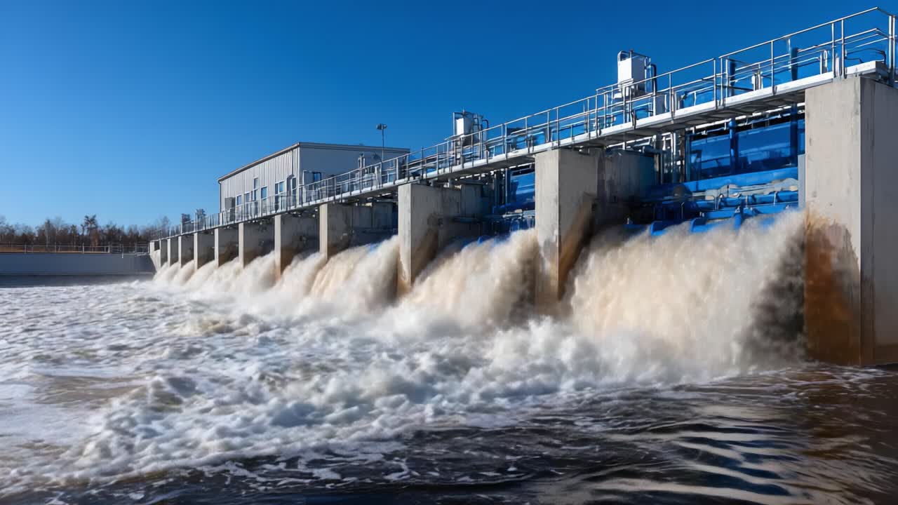 Water Treatment Facility Operating Under Clear Sky, Featuring Overflowing Water Cascading from Multiple Treatment Tanks in a Structured Environment
