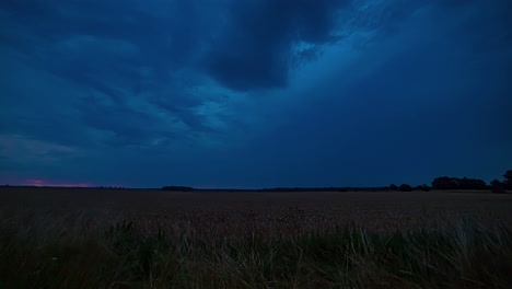 disparo de lapso de tiempo de relámpagos parpadeantes sobre el campo de la granja durante el cielo oscuro por la noche