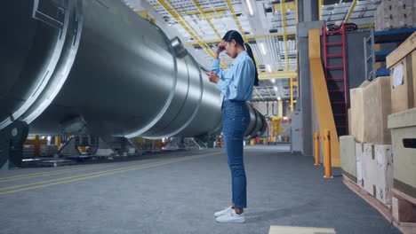 full body woman not satisfied and shakes her head while using mobile phone in pipe manufacturing factory