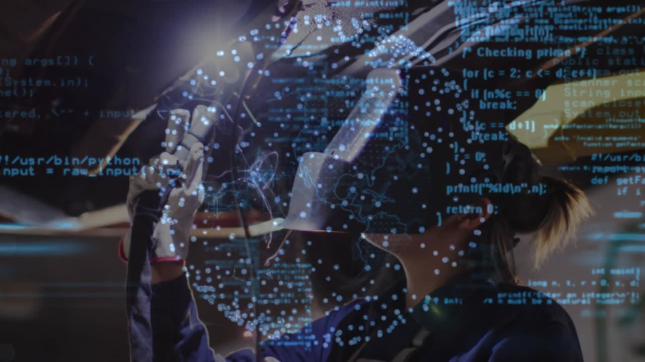 Female engineer lifting helmet in tech workshop, aligning tool, adjusting 3D code sphere for tuning