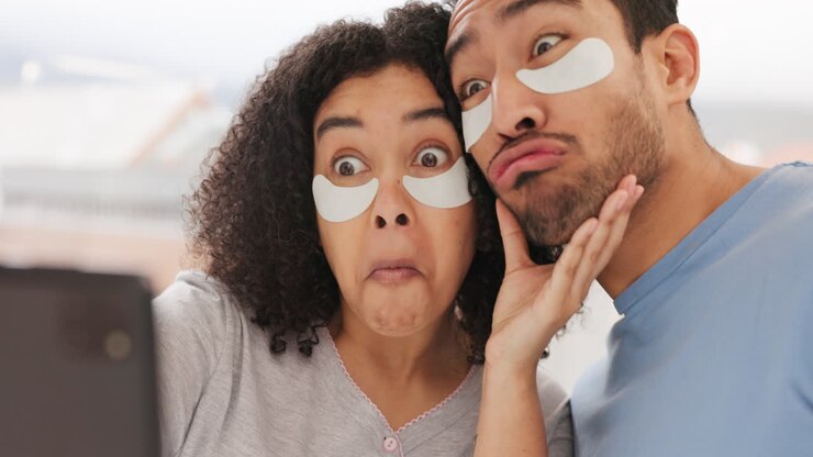 Phone selfie for skin care couple taking happy