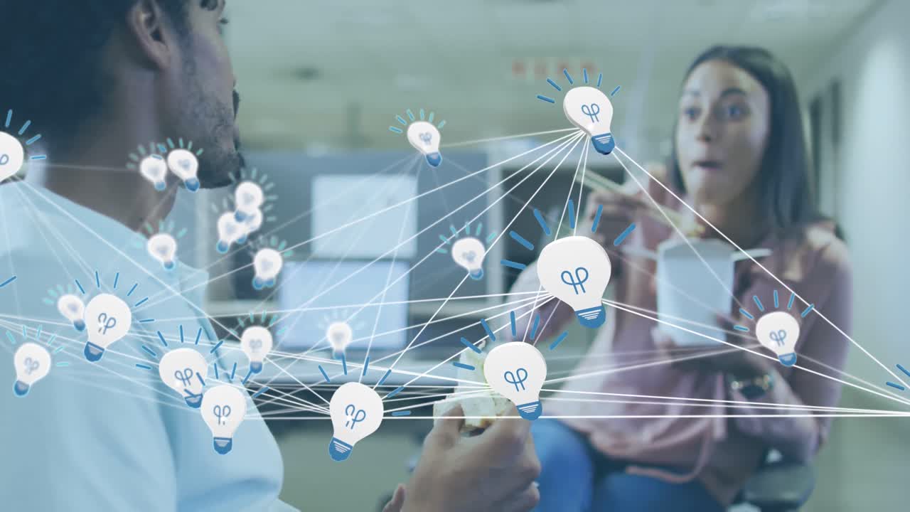 Animation of network of connections with icons over diverse business people