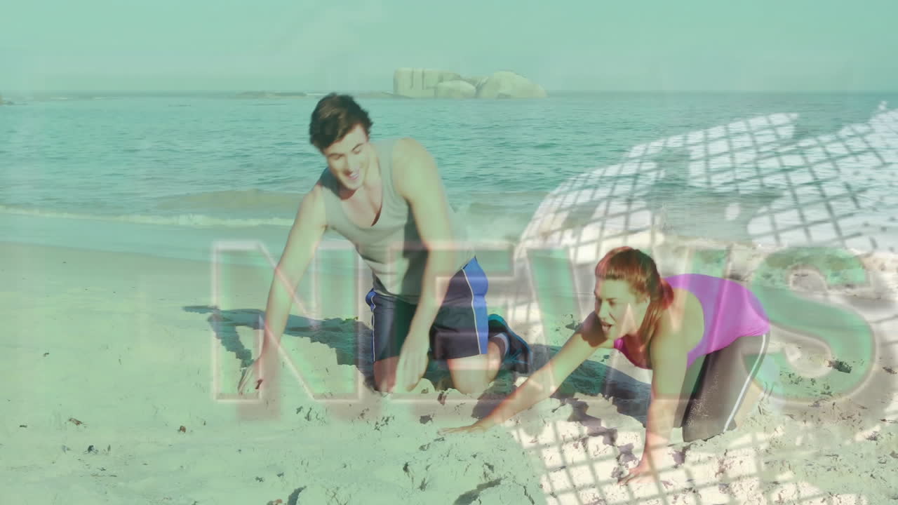 люди занимаются на пляже с анимацией днк над ними.