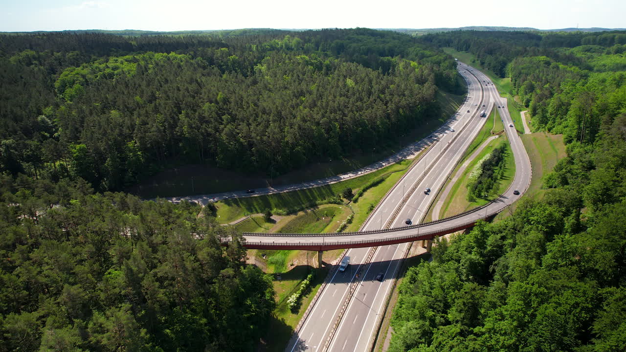 Ripresa drone del traffico su autostrada polacca con moderno ponte curvo circondato da alberi verdi e foresta sotto la luce del sole - Gdynia, Polonia