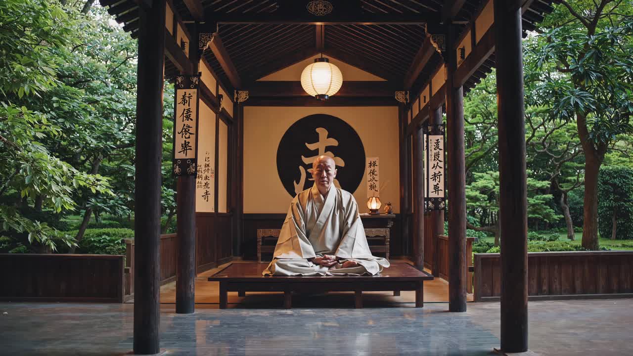 Geleneksel bir Japon tapınağında meditasyon yapan bir keşişin sakin bir video sahnesi.
