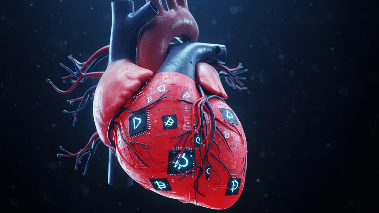 A visually striking representation of a human heart featuring glowing symbols, merging biological structure with abstract concepts in a captivating digital display