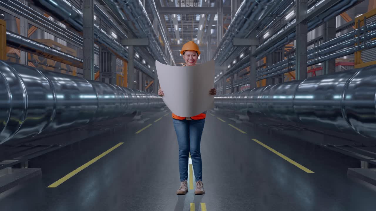 Full Body Of Asian Female Engineer With Safety Helmet Looking At Blueprint In Her Hands While Standing With Metal Pipes