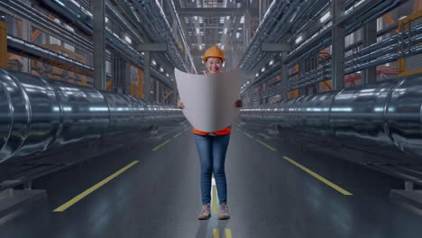 full body of asian female engineer with safety helmet looking at blueprint in her hands while standing with metal pipes