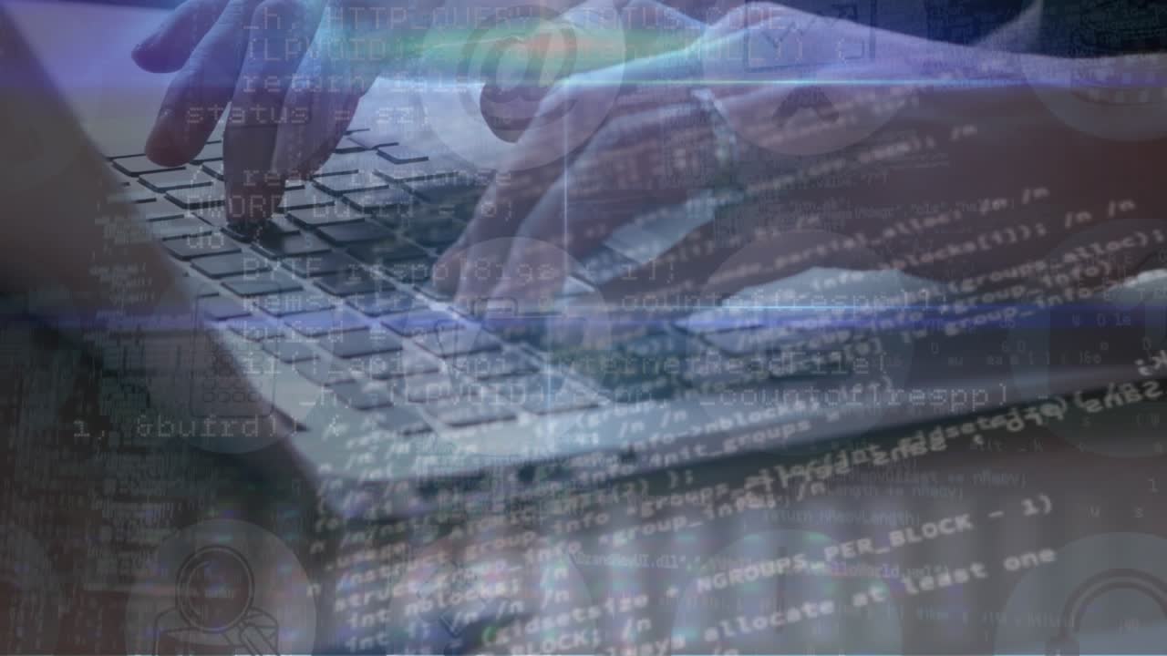 Animation of financial data processing over businessman using computer