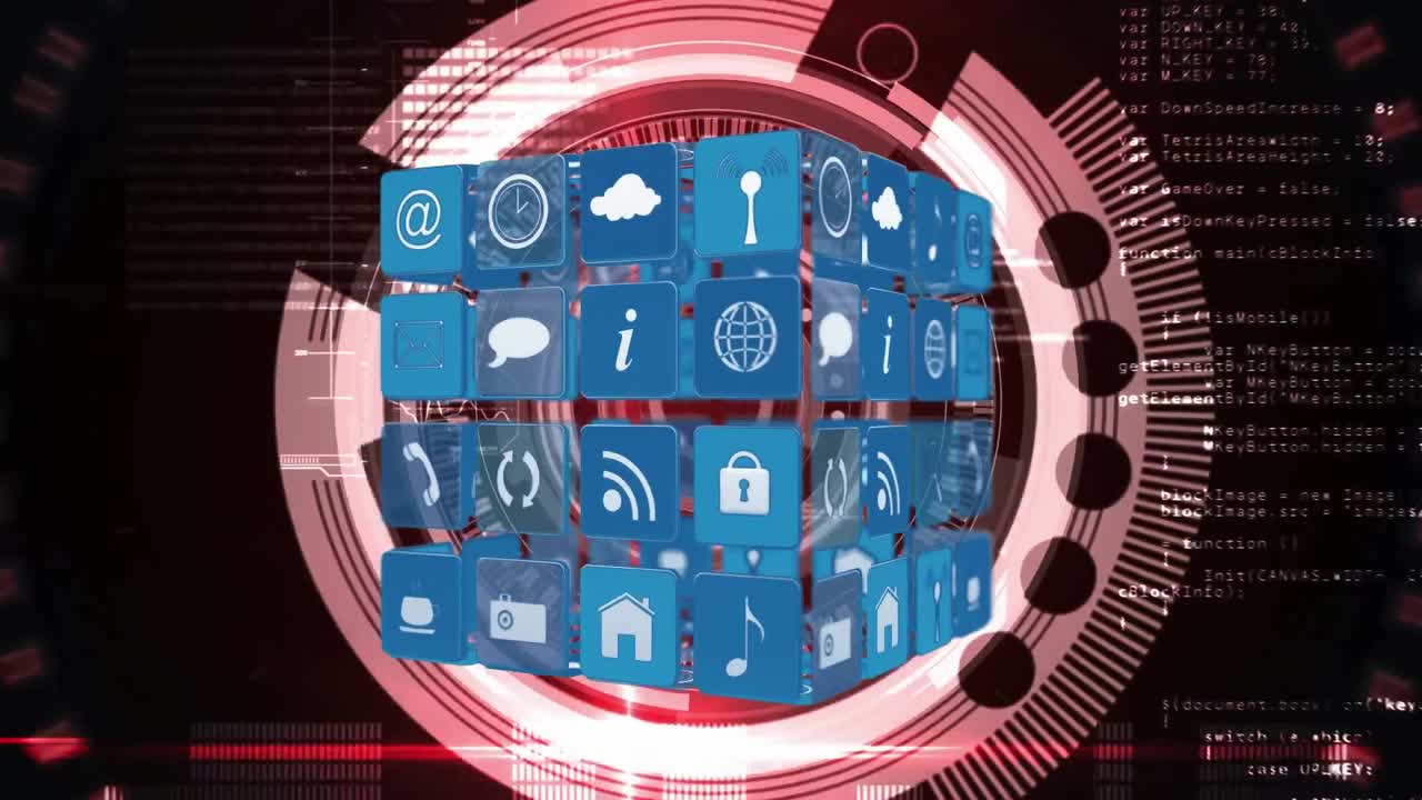 Icone online e di applicazioni in quadrati e cerchi futuristici con codici di programma