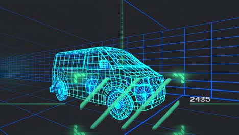 animación de escáner verde sobre modelo de furgoneta 3d moviéndose con un patrón sin costuras en un túnel sobre fondo negro.