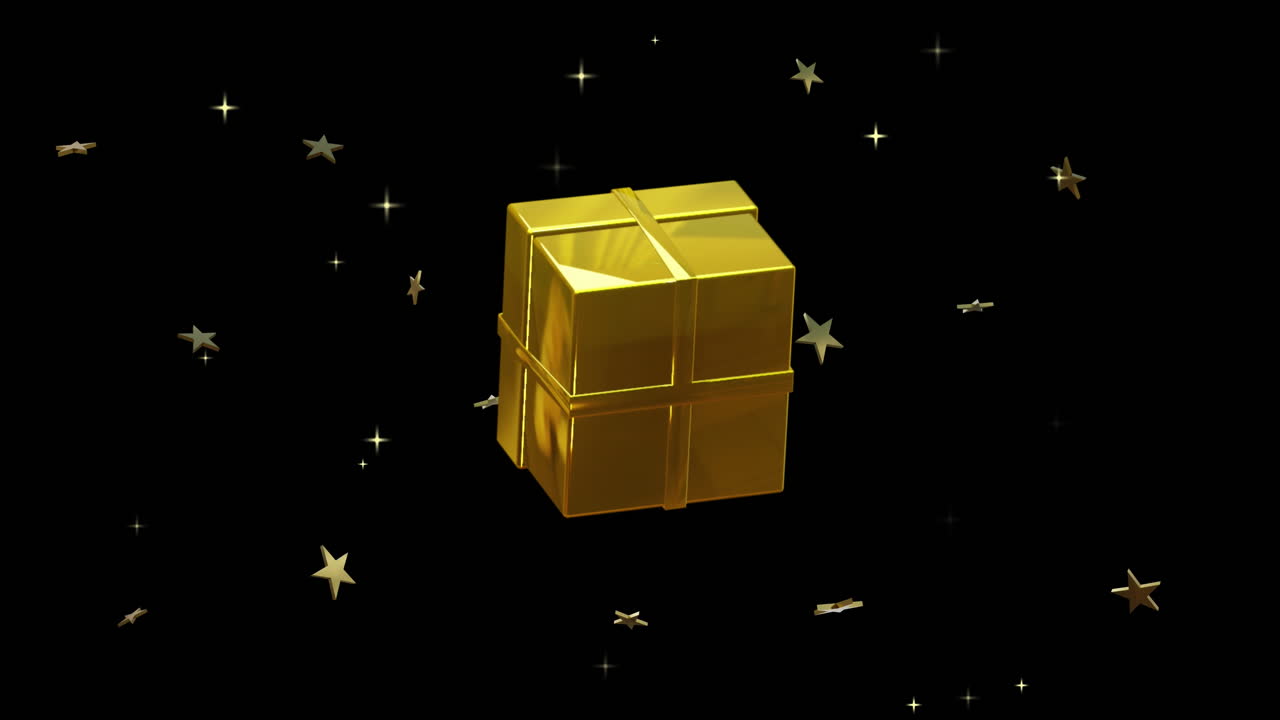 regalo de navidad de oro girando con estrellas doradas en fondo negro