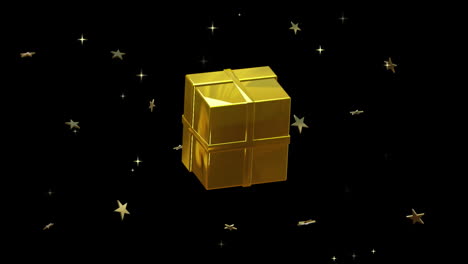 gold christmas gift rotating with gold stars on black background