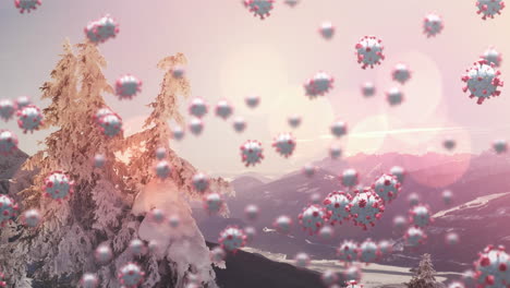 animation of covid 19 cells floating over winter scenery in background