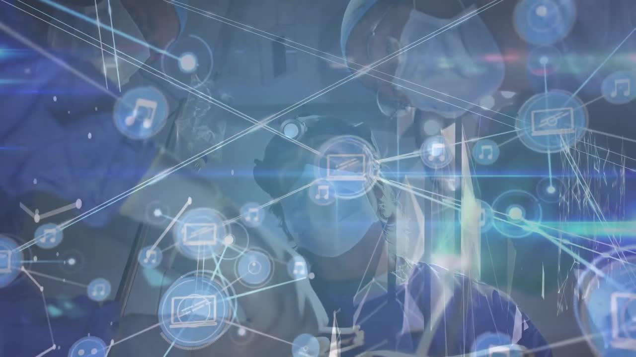 수술 중에 다양한 외과 의사의 팀을 통해 연결 네트워크의 애니메이션