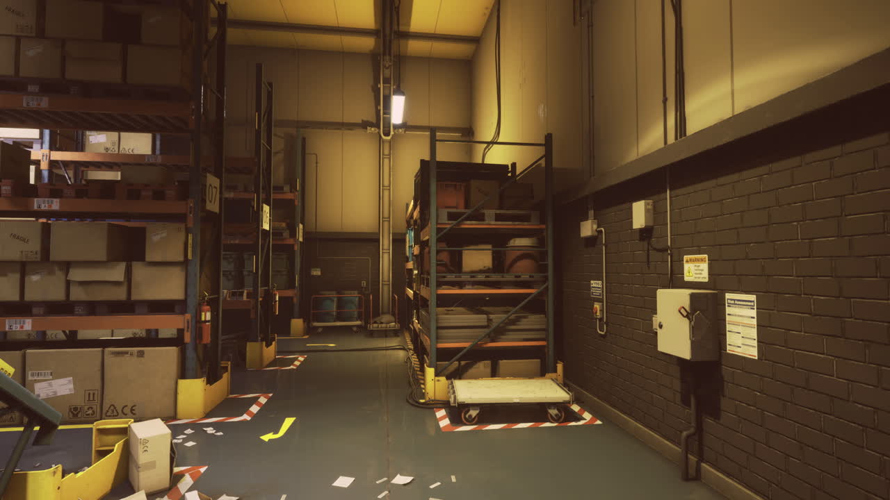 Warehouse interior showcasing organized storage and cluttered floor space