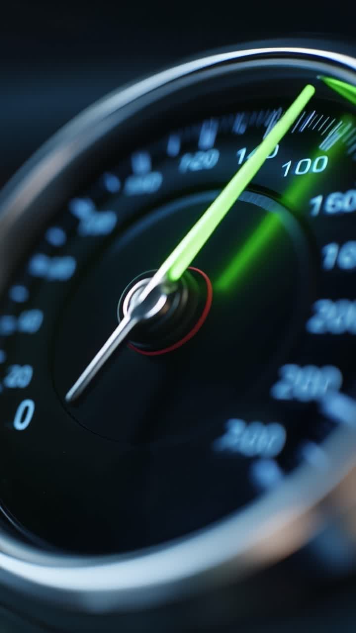 A Detailed Look at a Speedometer Displaying Increasing Velocity with a Bright Green Indicator Marking Acceleration from a Standstill to High Speeds