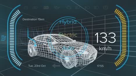 Animation-of-speedometer-and-power-status-data-on-hybrid-vehicle-interface,-over-3d-car-model