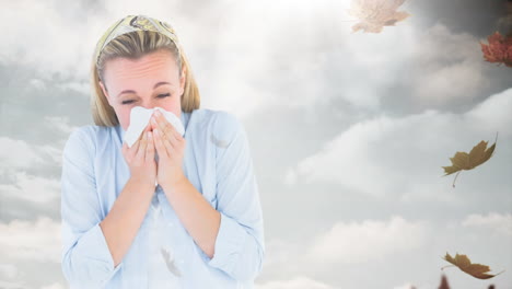 falling autumn leaves and woman sneezing while suffering from allergy 4k