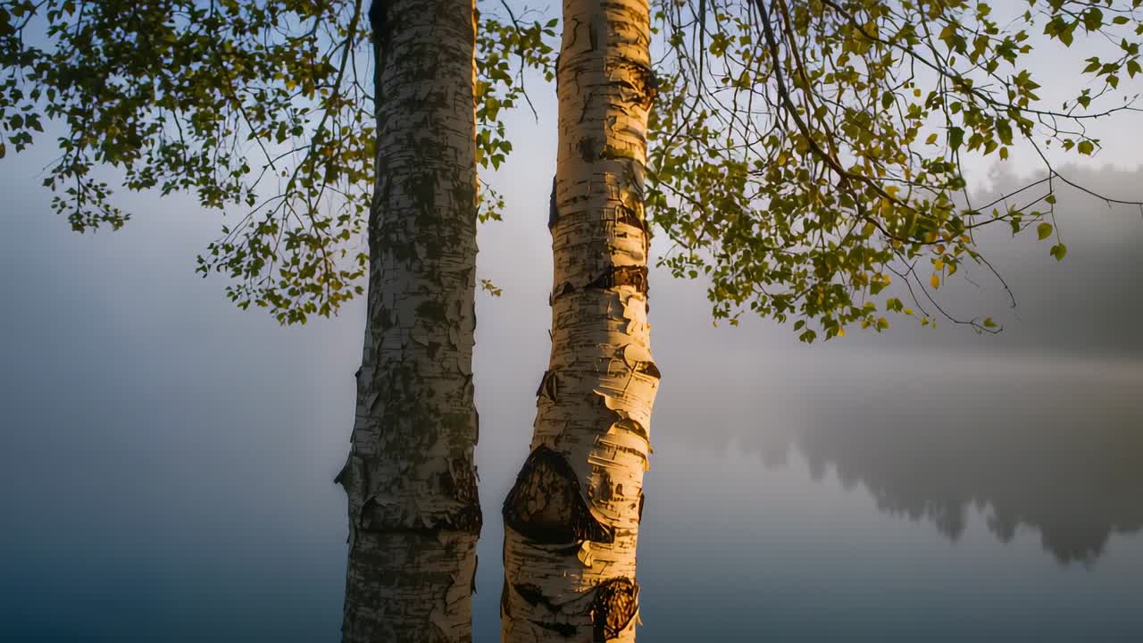 Warme Sonnenstrahlen brechen durch Nebel, zwei Birkenstämme fangen Licht am Seeufer ein, Blätter bewegen sich.