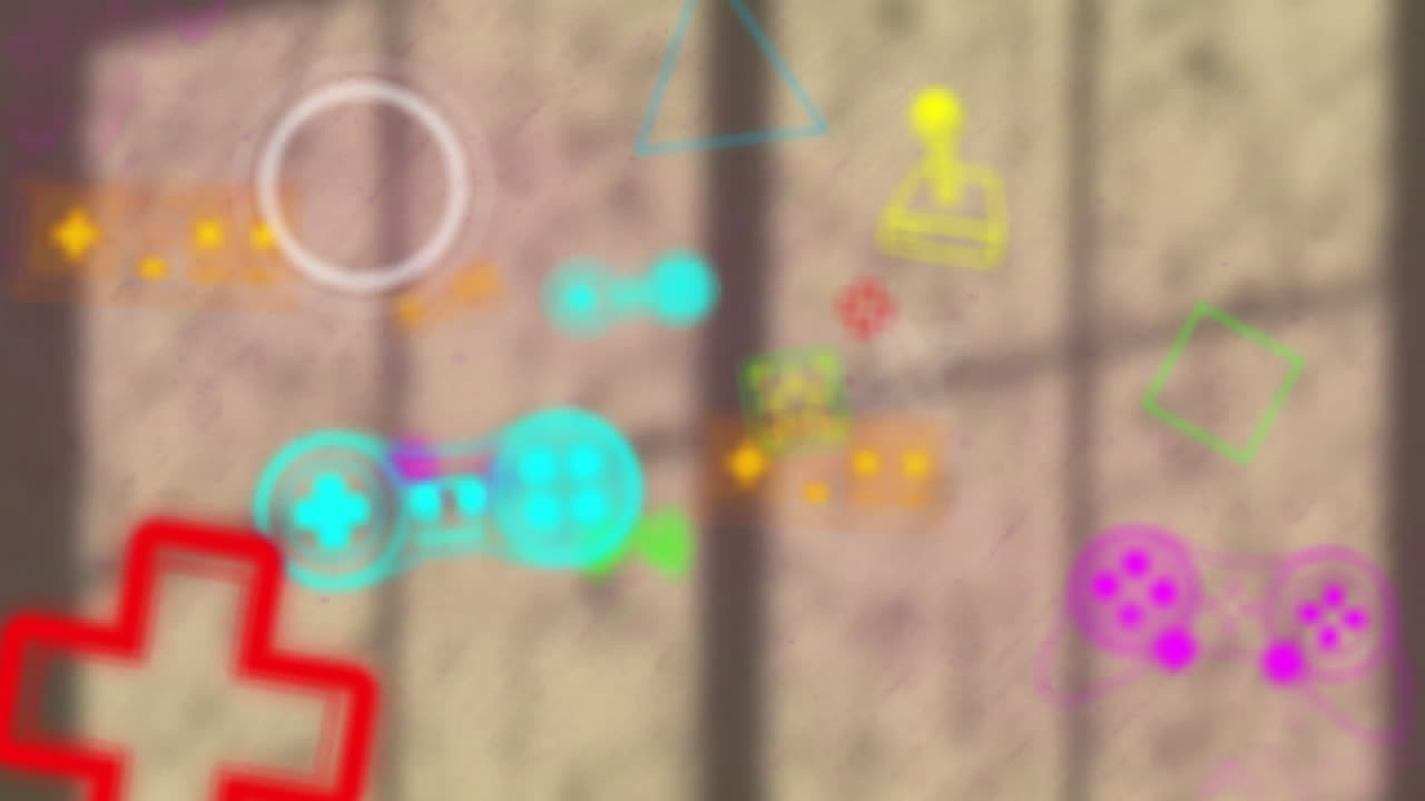 브라운 배경에서 움직이는 네온 비디오 게임 아이템의 애니메이션