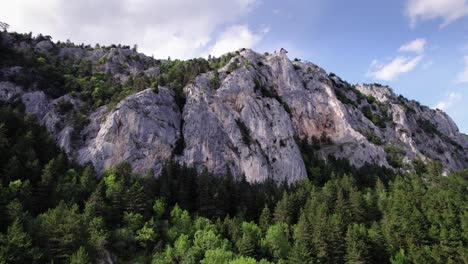 Nach-Oben-Kippen,-Um-Im-Sommer-Eine-Von-Wald-Umgebene-Klippenbergkette-Freizulegen