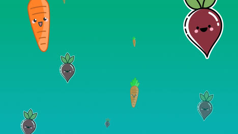 animación de diversas verduras de dibujos animados flotando sobre un fondo verde