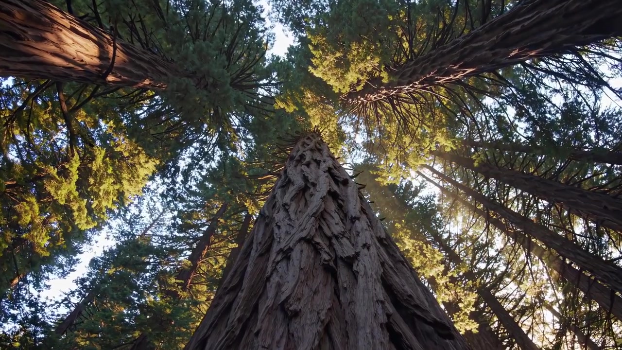 Raggi di sole filtrano attraverso la chioma di maestose sequoie