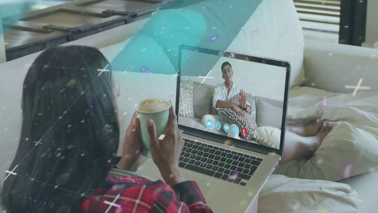 Animation of data processing over biracial businesswoman having video call