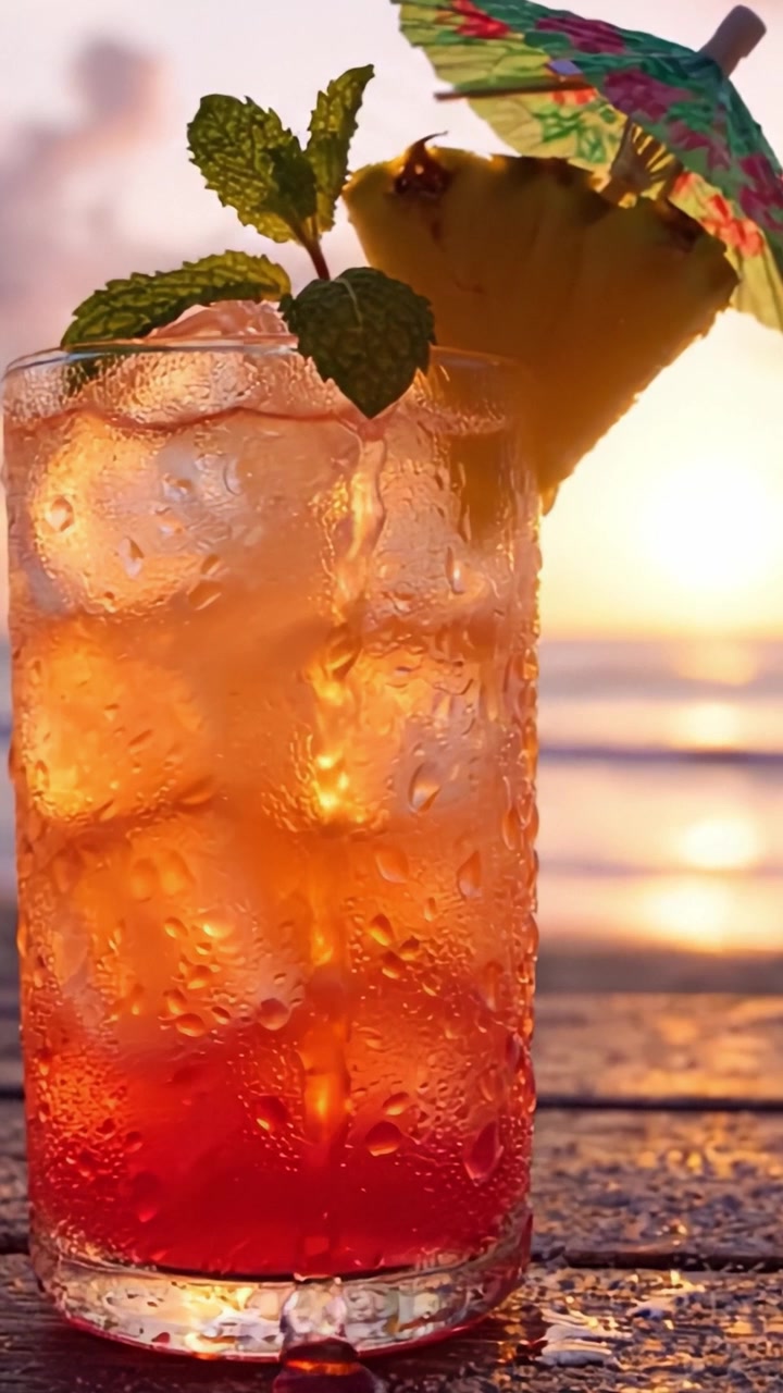 Cocktail tropicale rinfrescante presentato in un bicchiere alto con ghiaccio, guarnito con foglie di menta e un ombrellino colorato mentre il sole tramonta sull'oceano