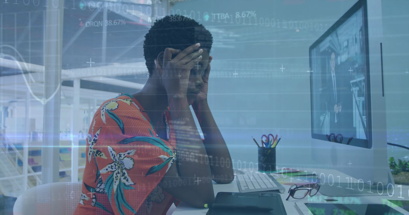 Animation of financial data processing over afrcian american businesswoman using computer