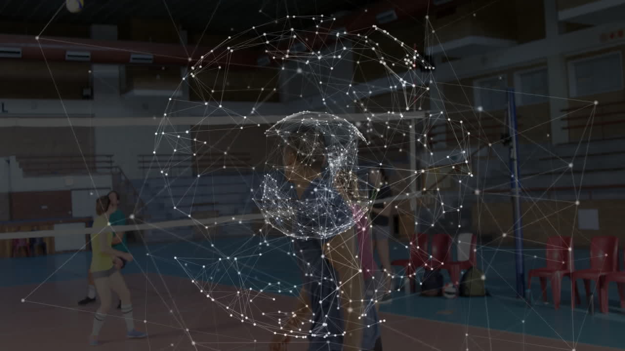 Volleyball players in gym with digital network connections animation overlay