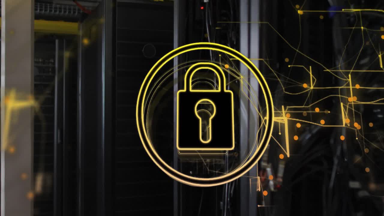 Animaton of security padlock icon and golden light trails against close up of a computer server
