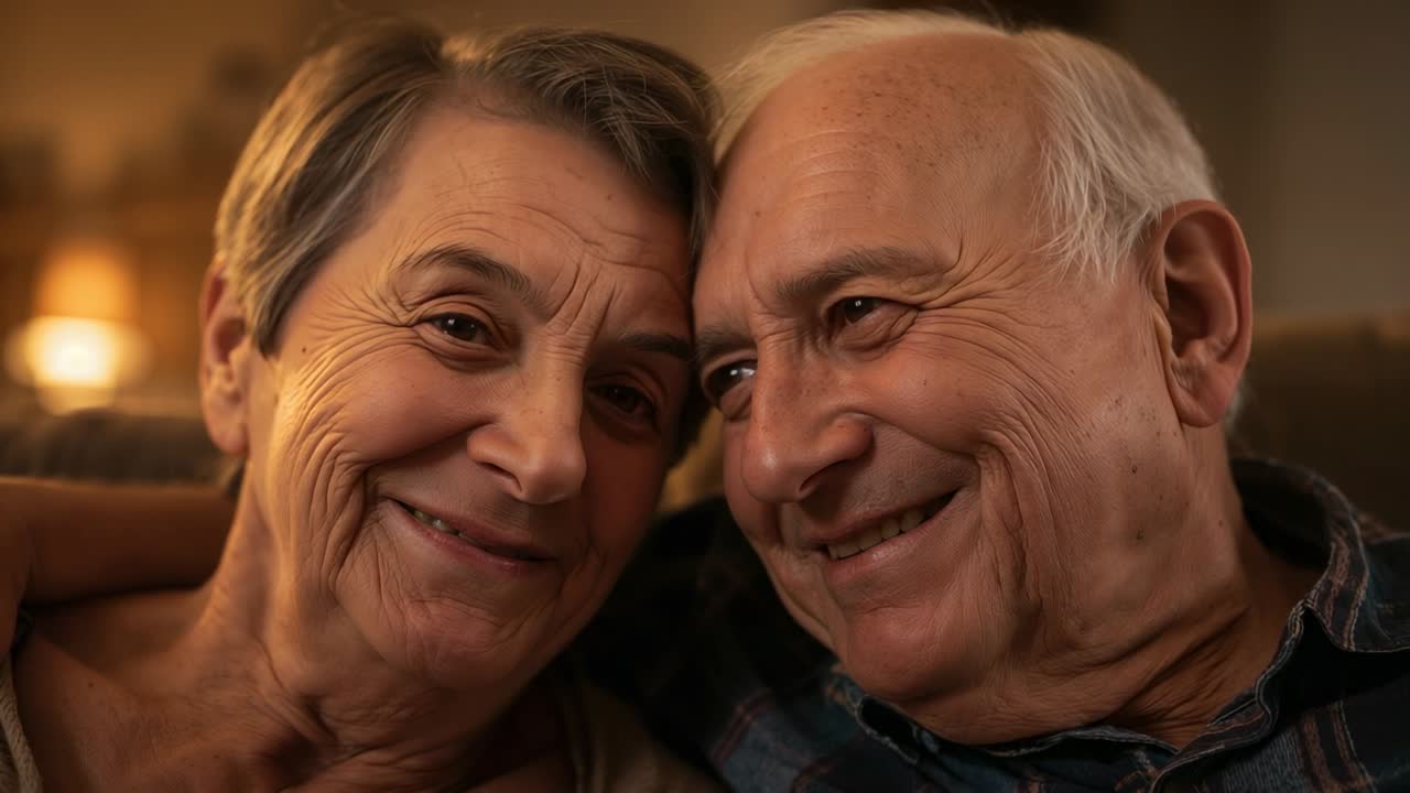 Plano inicial mostrando um casal de idosos sorrindo e relaxando em um sofá, vestindo roupas claras e xadrez escuro