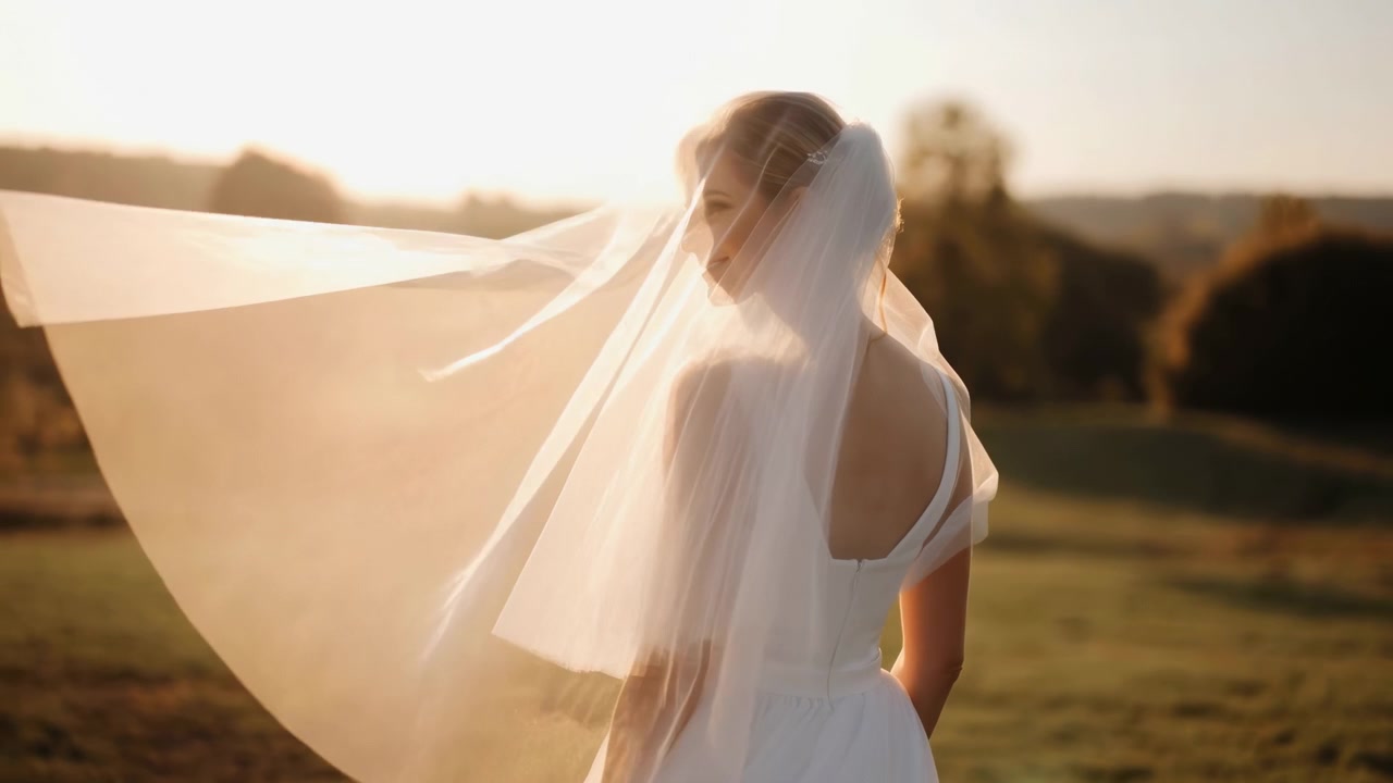 Sposa bianca in un campo illuminato dal sole, velo fluente retroilluminato da un tramonto dorato, sposa che volge lo sguardo verso l'orizzonte, chiffon