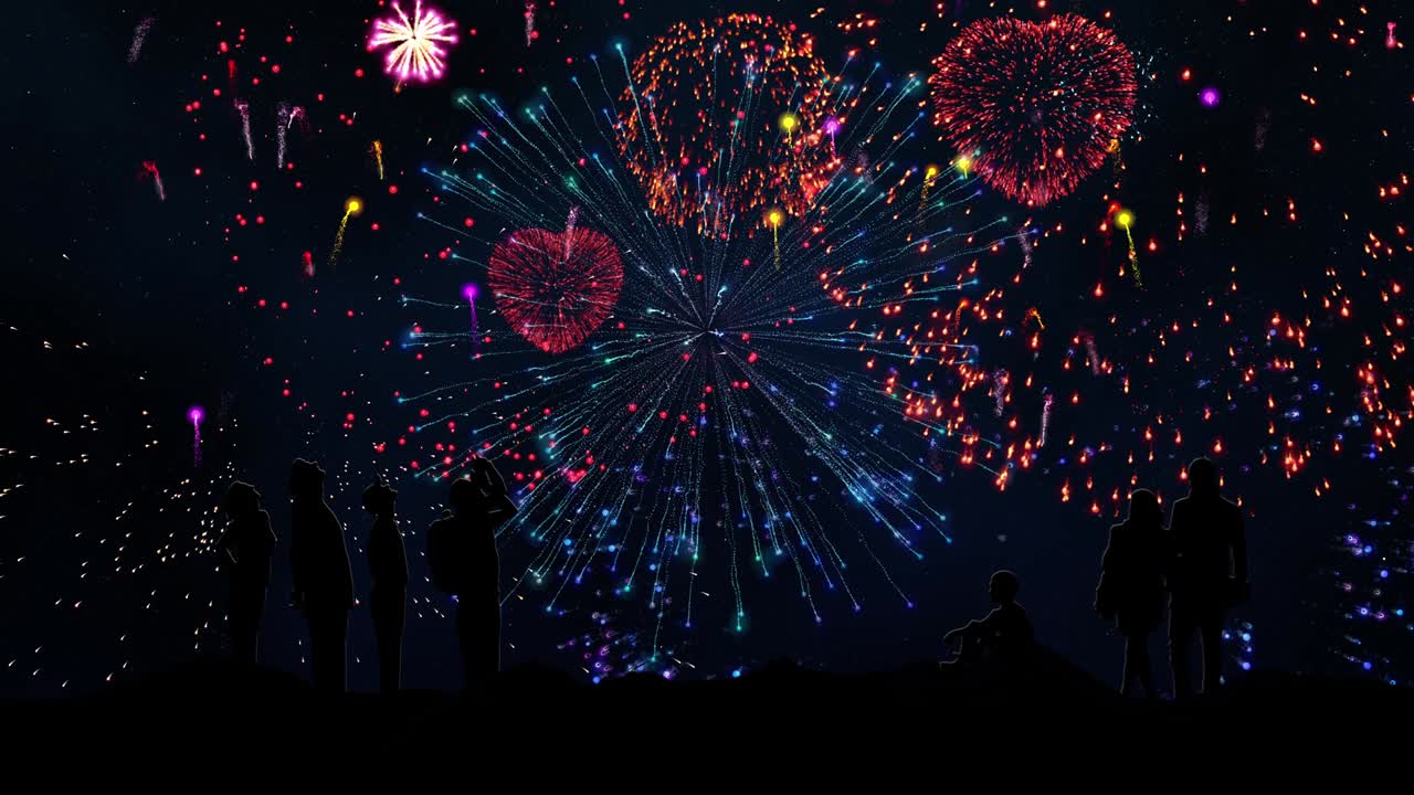 은 별빛 밤에 거대한 불꽃놀이를 보는 한 무리의 실루, 어린 소년과 만적인 커플