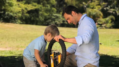 dad and son fixing a bicycle